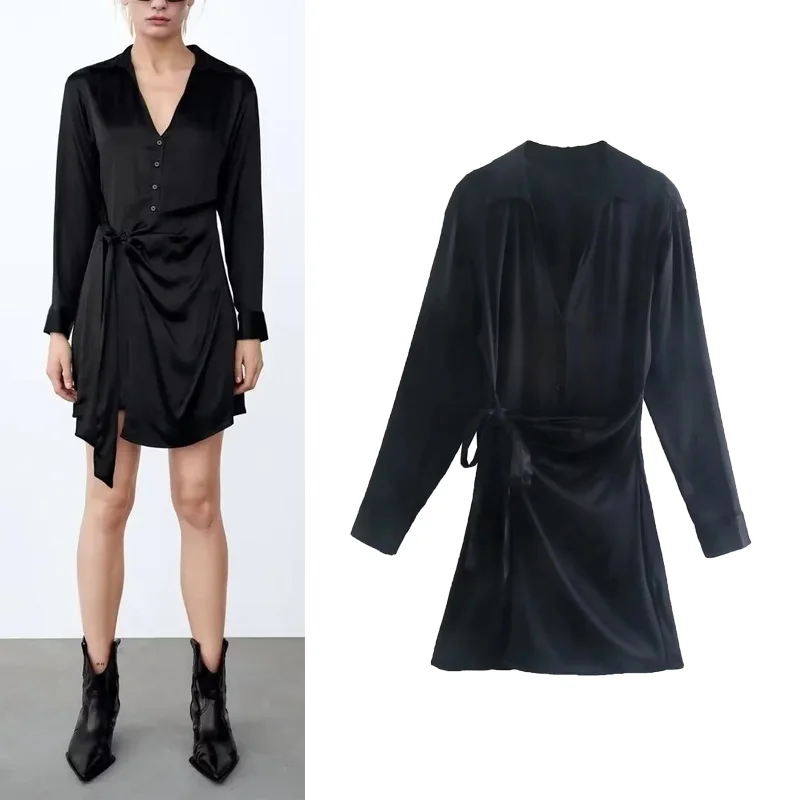 

Платье-мини женское атласное с V-образным вырезом и поясом