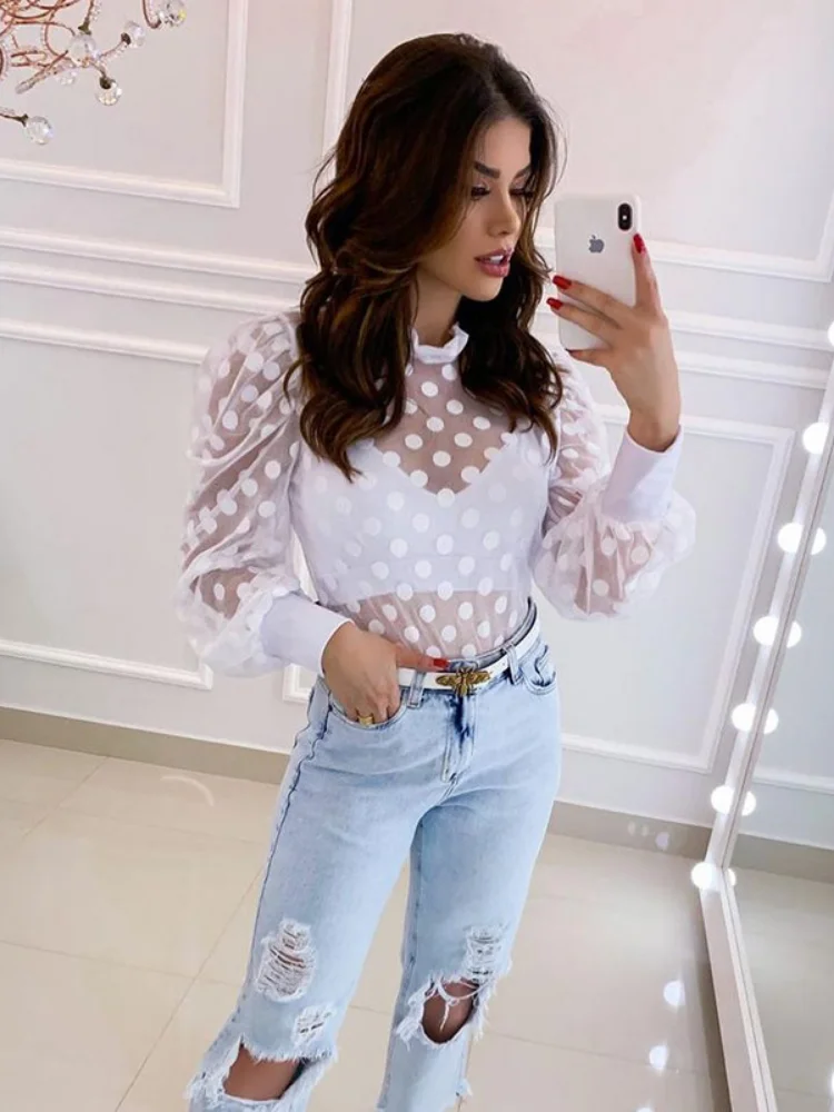 Блузка в горошек с рюшами и пышными рукавами женская элегантная модная вечерние