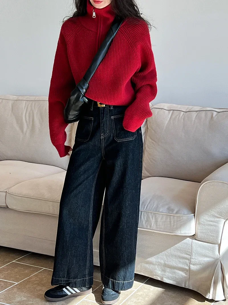 Базовый красный кардиган оверсайз для женщин пуловеры водолазка на молнии