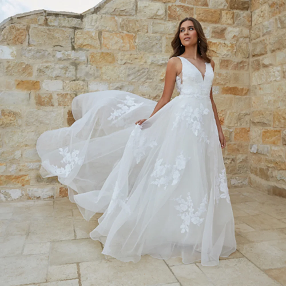 

Простое свадебное платье для женщин 2023, свадебные платья-трапеции с длинным рукавом для невесты, белое платье невесты с длинным Боковым Раз...