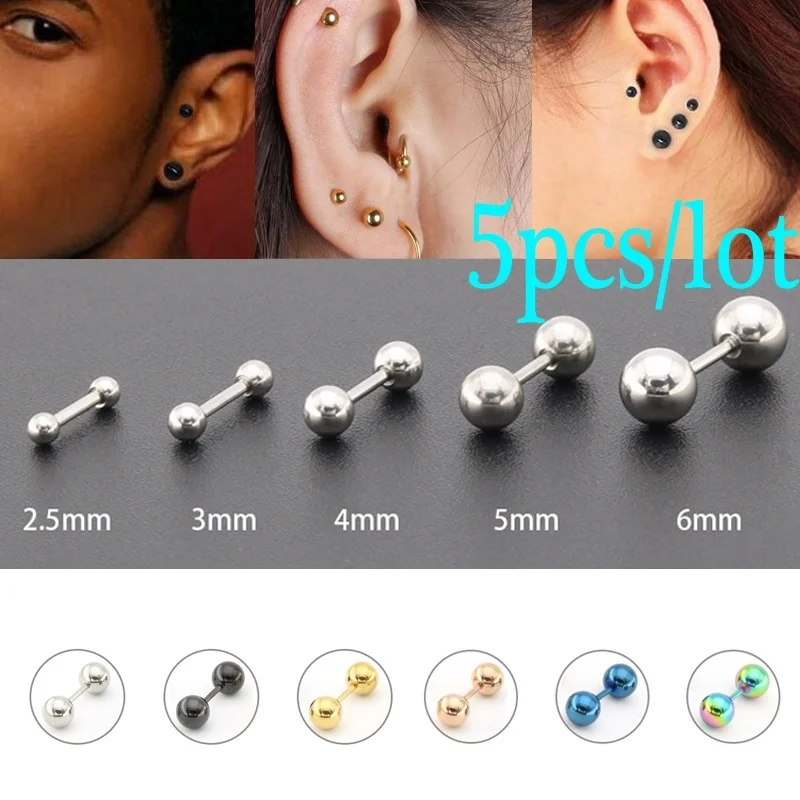 

5pcs 16G Cartilage Ear Piercing Earing Tragus Helix Surgical Steel Bar 2.5-6mm Ball Barbell Daith Oreja Ring Stud Body Jewelry