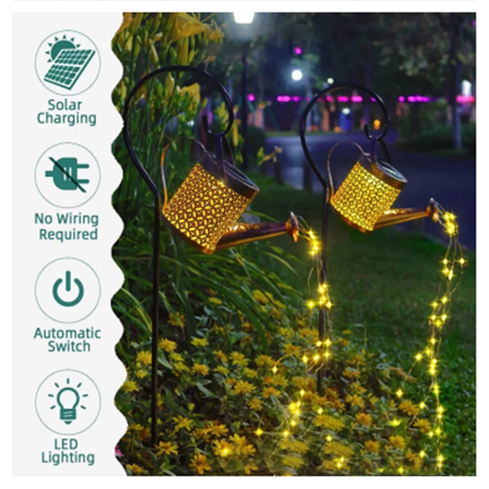 

Warm Light Solar LED Watering Can Lights Metal Hanging Fairy Waterfall String Lamp for Patio Yard Pathway Plant Landscape Decora