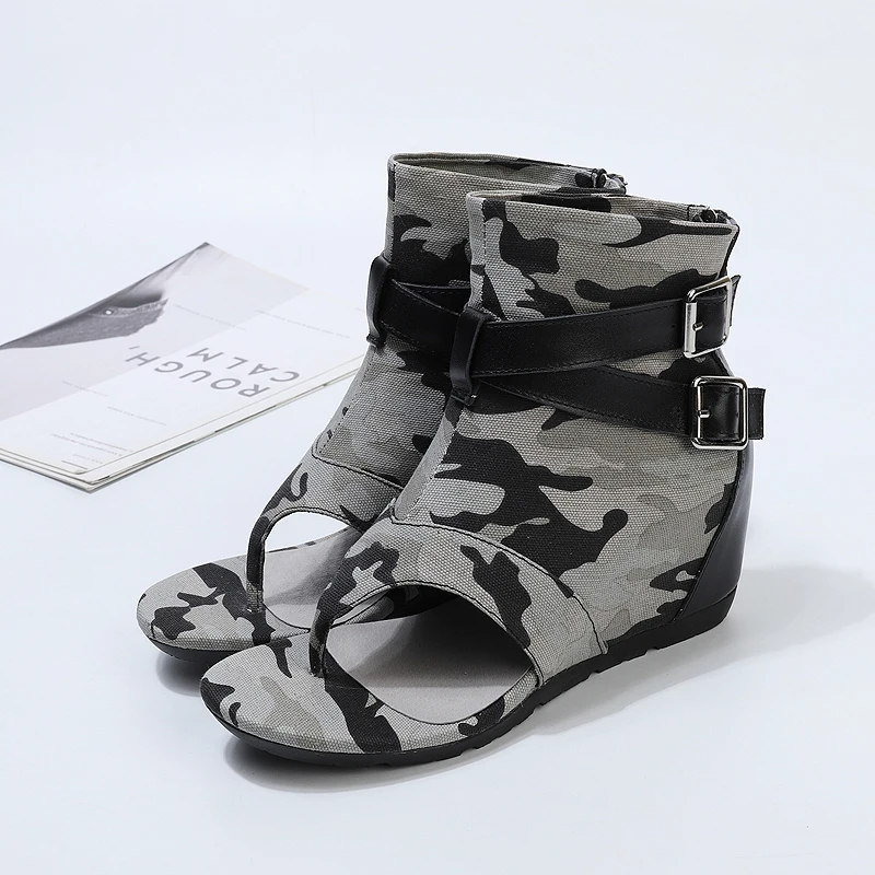 

Summer New Denim Plus Leather Women's Shoes Printed Canvas Wedge High Heeled Pinch Sandals For Women Fashion Design