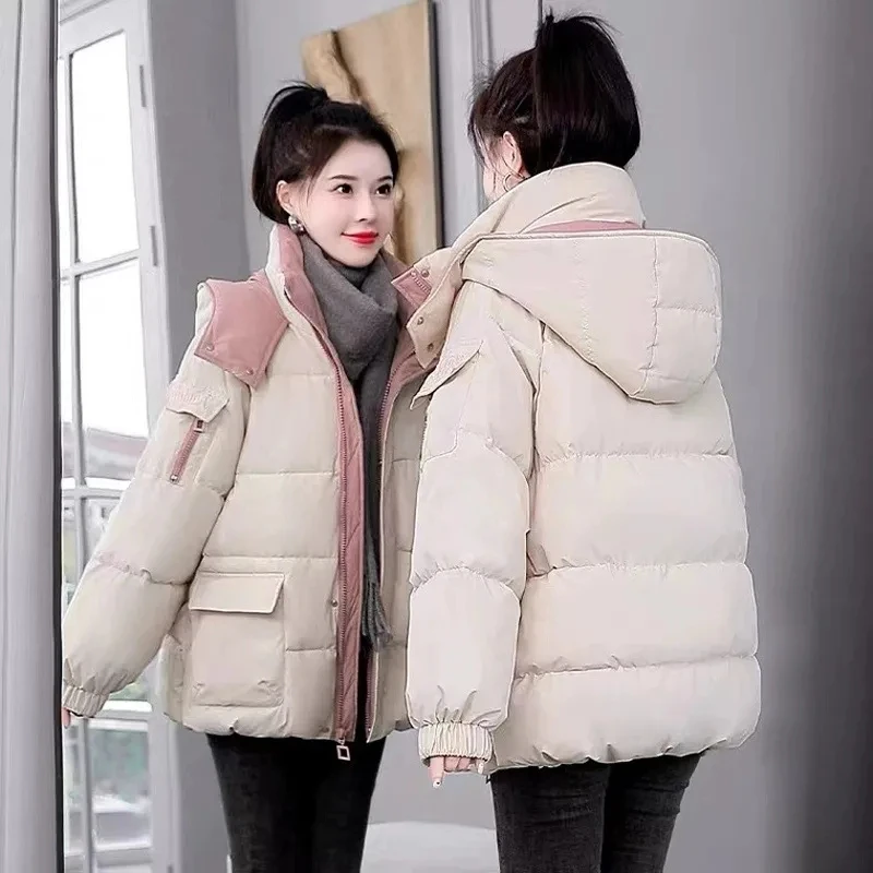 

Women Autumn Winter Thicken Warm Parkas Casual Solid Color Pocket Loose Hooded Short Coat Female Cotton-padded Jacket Outwear