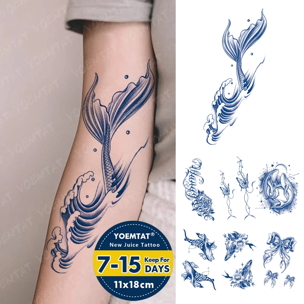 

Стойкая водостойкая Временная тату-наклейка Juice Ink, волнистый хвост рыбы, Genipin, травяной боди-арт, искусственная татуировка, Женский рукав