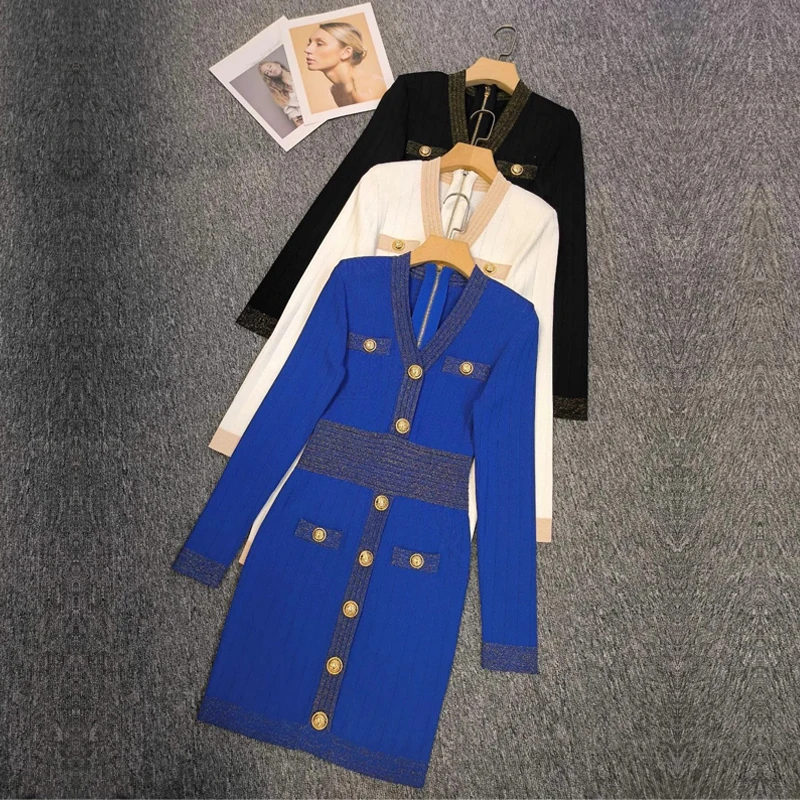 

Luxury Back Zipper Button Knitted Dresses for Women 2023 Runway Designer High Quality Mini Sweater Dress Female Vestido Feminino