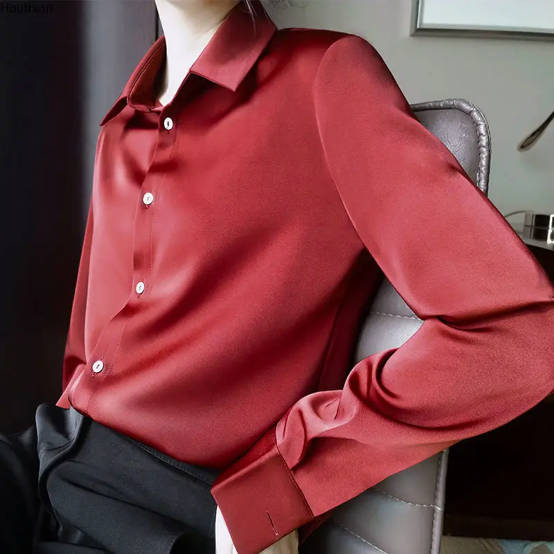 

New Long sleeve top Women Blouse Poplin Solid Lapel Satin Fashion Casual Shirt Korean Lady