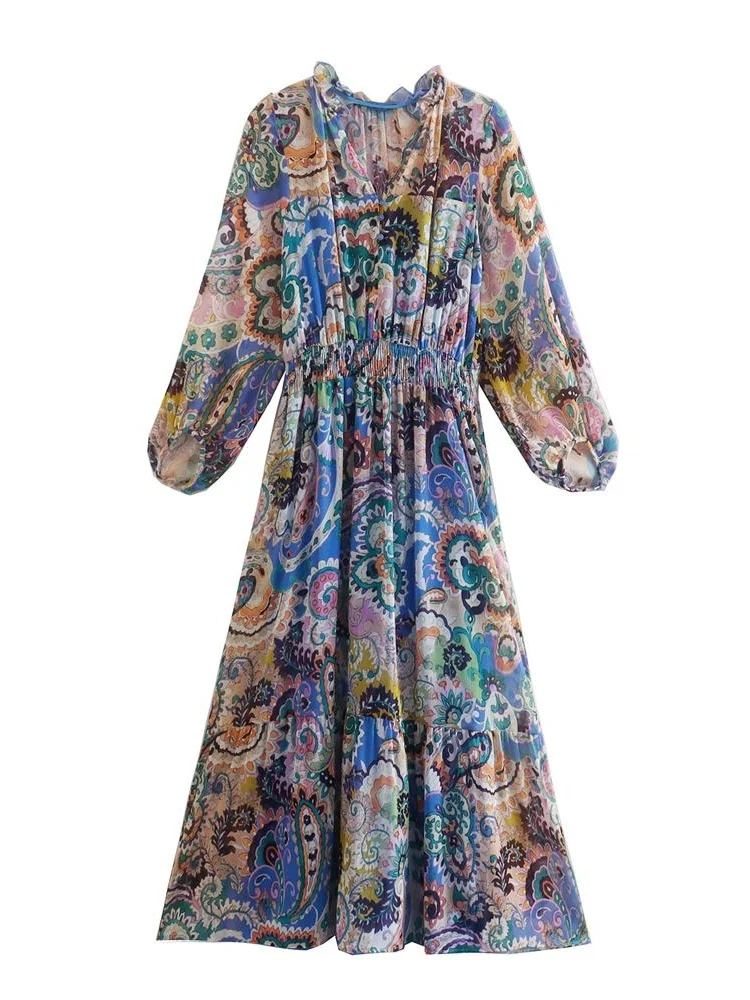 

MESTTRAF Sexy Design 2022 Flowers Printed With Lining Midi Dress Vintage Long Sleeve Elastic Waist Female Dresses Vestidos