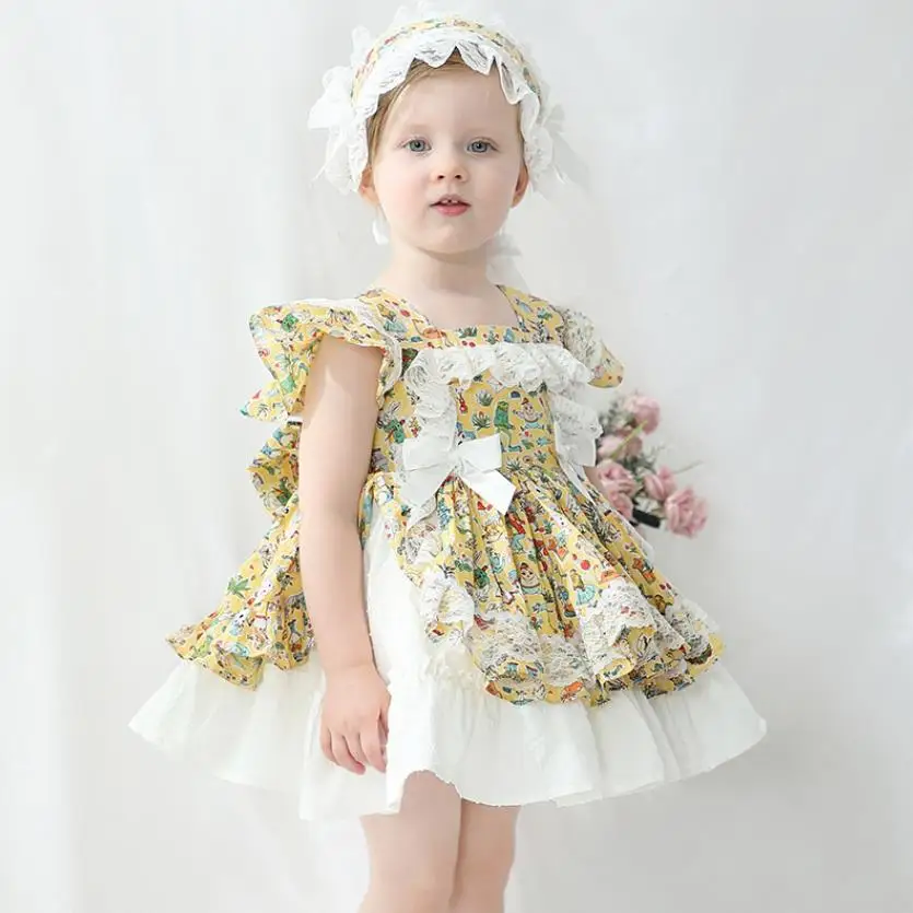 

2PCS Spanish New Lolita Princess Dress Lace Stitching Print Sweet Cute Ball Gown Birthday Party Easter Dress For Girls Toddler