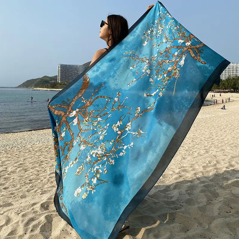 

Silk Beach Towel 180*90CM Van Gogh Pastoral Style Printing Pattern Summer Sunscreen Decor Outdoor Holiday Women Elegant Shawls