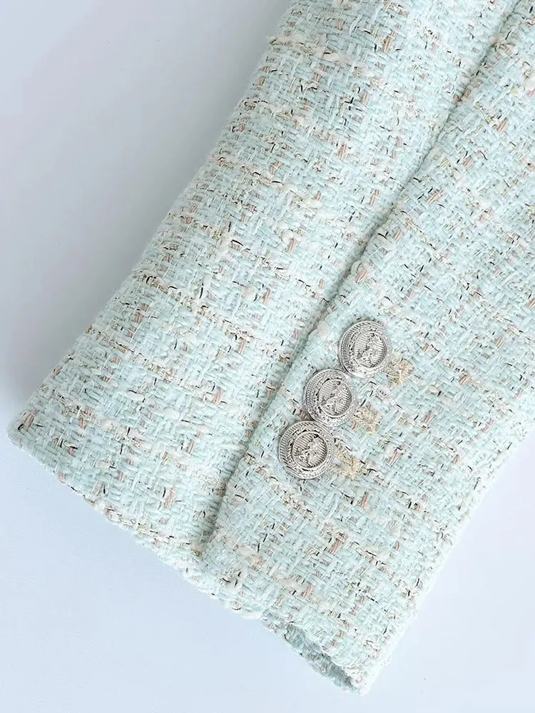 PAILETE Women 2023 fashion textured double breasted blazer coat vintage long sleeve flap pockets female outerwear chic veste