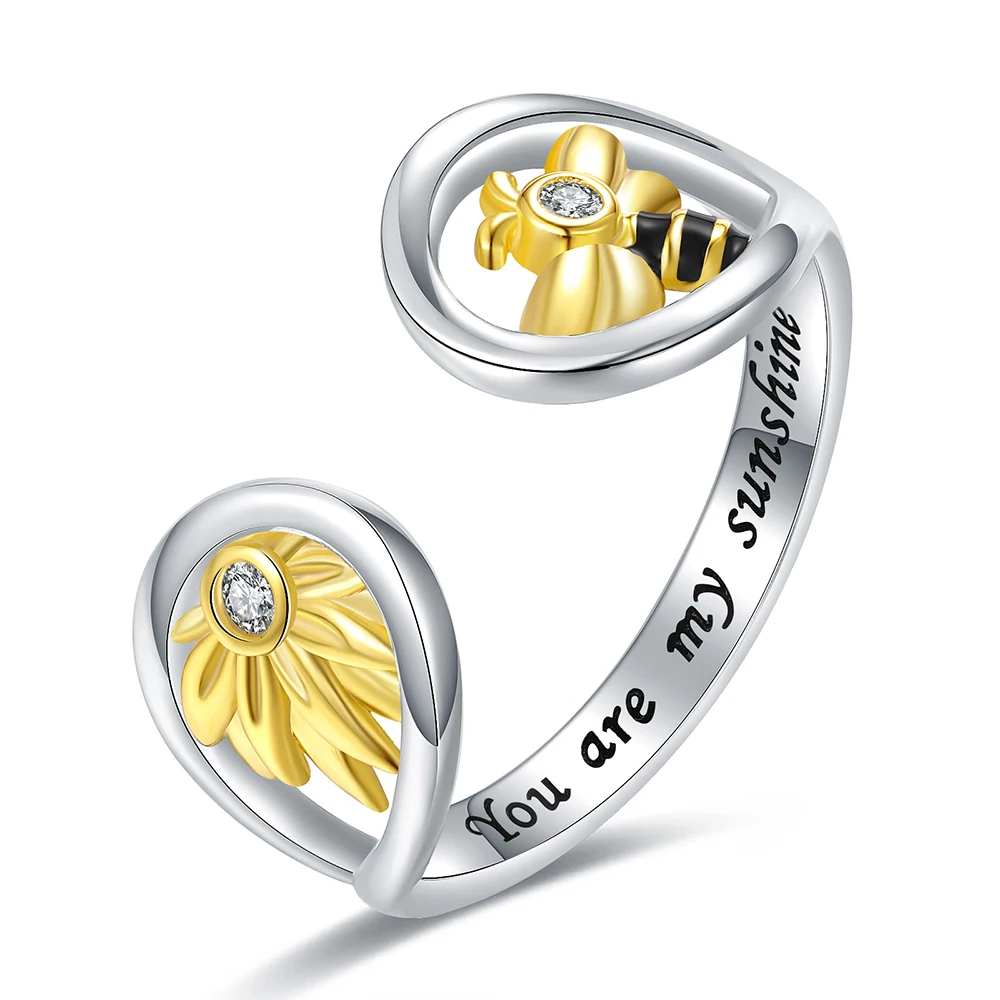 

925 Sterling Silver Sunflower Bee Adjustable Rings 'You are my Sunshine' Mothers day Birthday Jewelry Gifts for Women Teen Girls