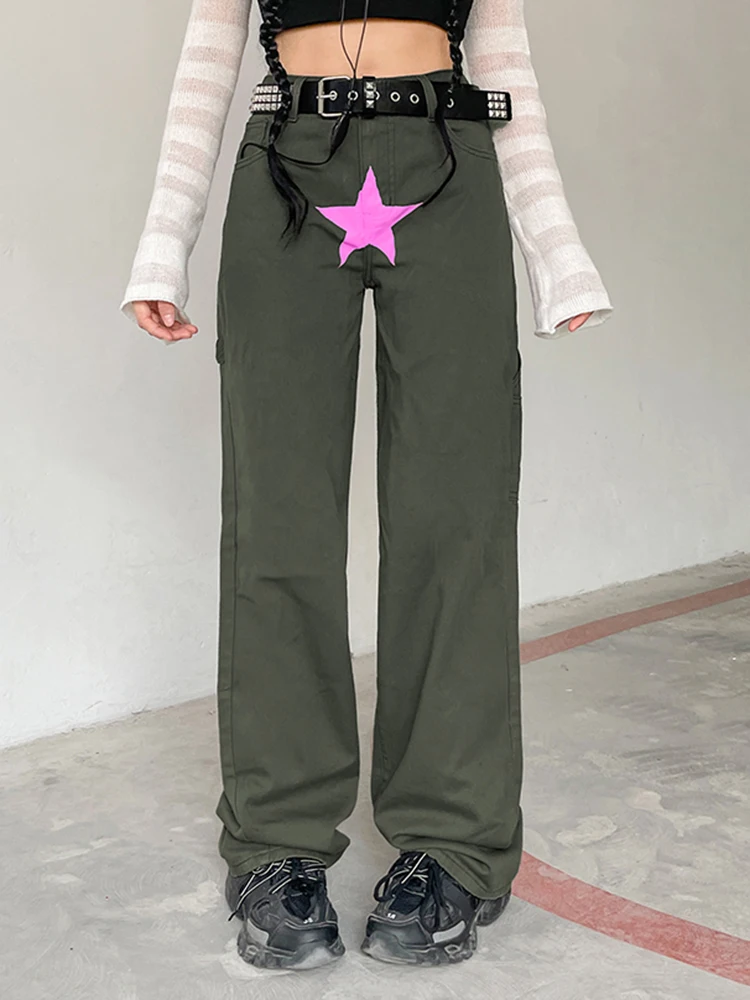 

WeiYao Retro Green Low Rise Y2K Straight Jeans For Women 2022 Star Print Aesthetic Grunge Denim Trousers Casual Streetwear 90s