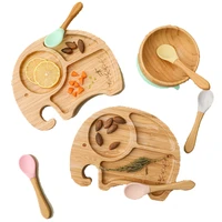 1set bamboo wooden dinnerware baby feeding bowl cartoon animals elephant dinner plate with sucker baby products accessories gift
