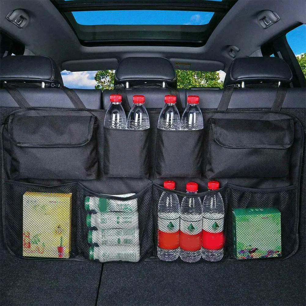 

Органайзер для багажника автомобиля, регулируемая сумка для хранения на заднем сиденье, универсальный органайзер из ткани Оксфорд с высокой сеткой на спинку сиденья автомобиля, многофункциональные органайзеры, крышка V2K6