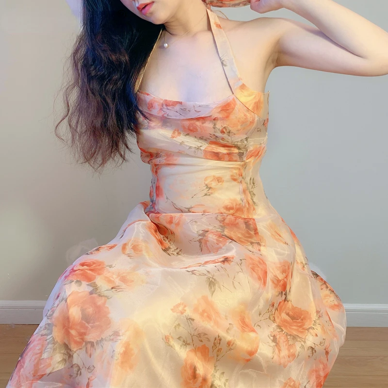 

Vintage French Sexy Maxi Dress Elegant Backless Floral Halter Neck Organza Holiday Beach Midi Dresses for Women Party Summer New