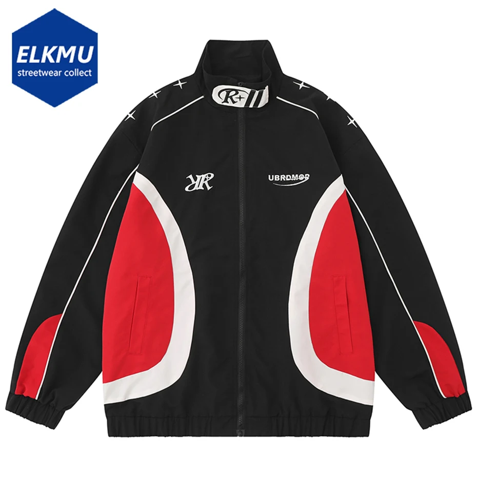 

Motorcycle Biker Jacket Color Block Patchwork Men Harajuku Hip Hop Streetwear Oversized Jackets Embroidery Fashion Loose Jackets