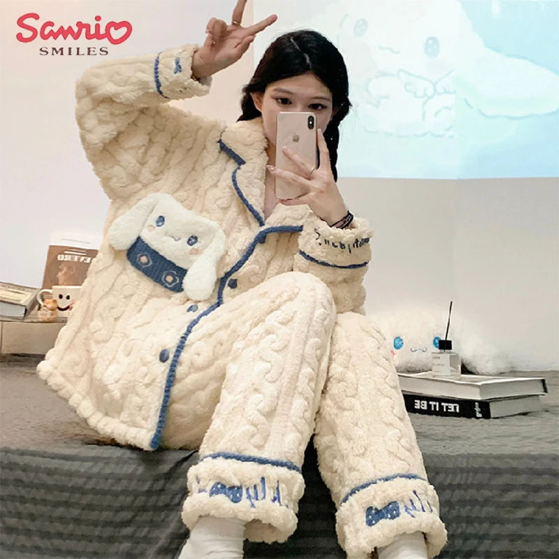 

Новый кавайный Пижамный костюм Sanrios аниме мультфильм Cinnamoroll Kuromi зимний сезон утепленный домашний костюм брюки с длинным рукавом
