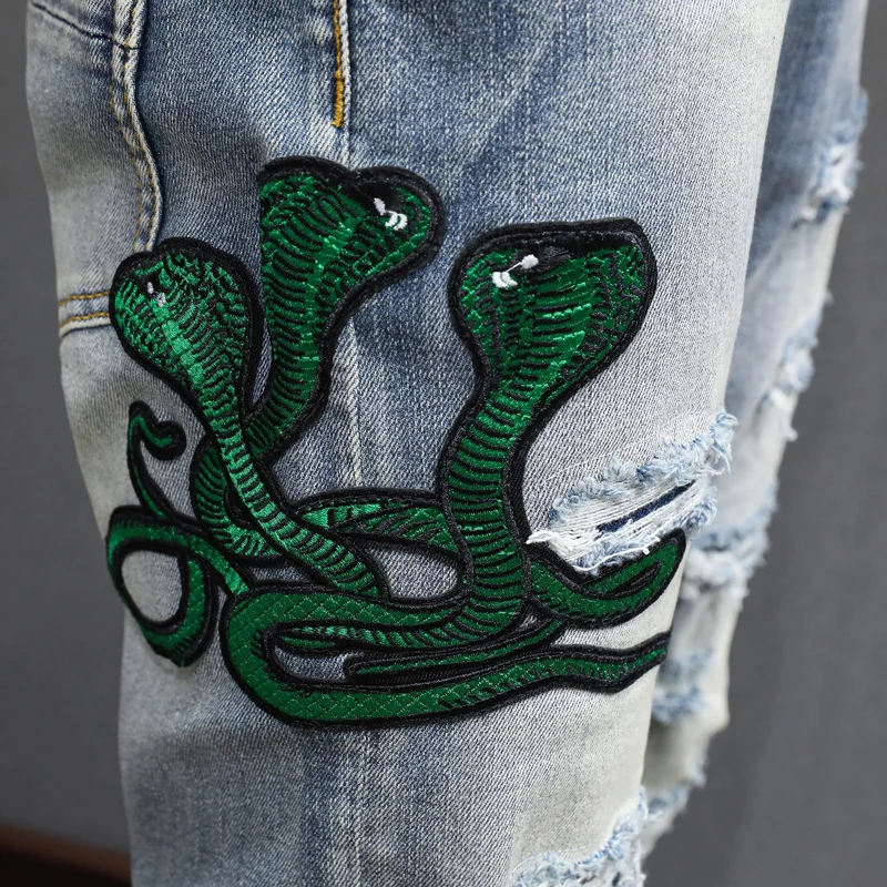 High Street Fashion Men Jeans Retro Washed Blue Elastic Stretch Skinny Ripped Jeans Men Snake Patch Designer Hip Hop Brand Pants