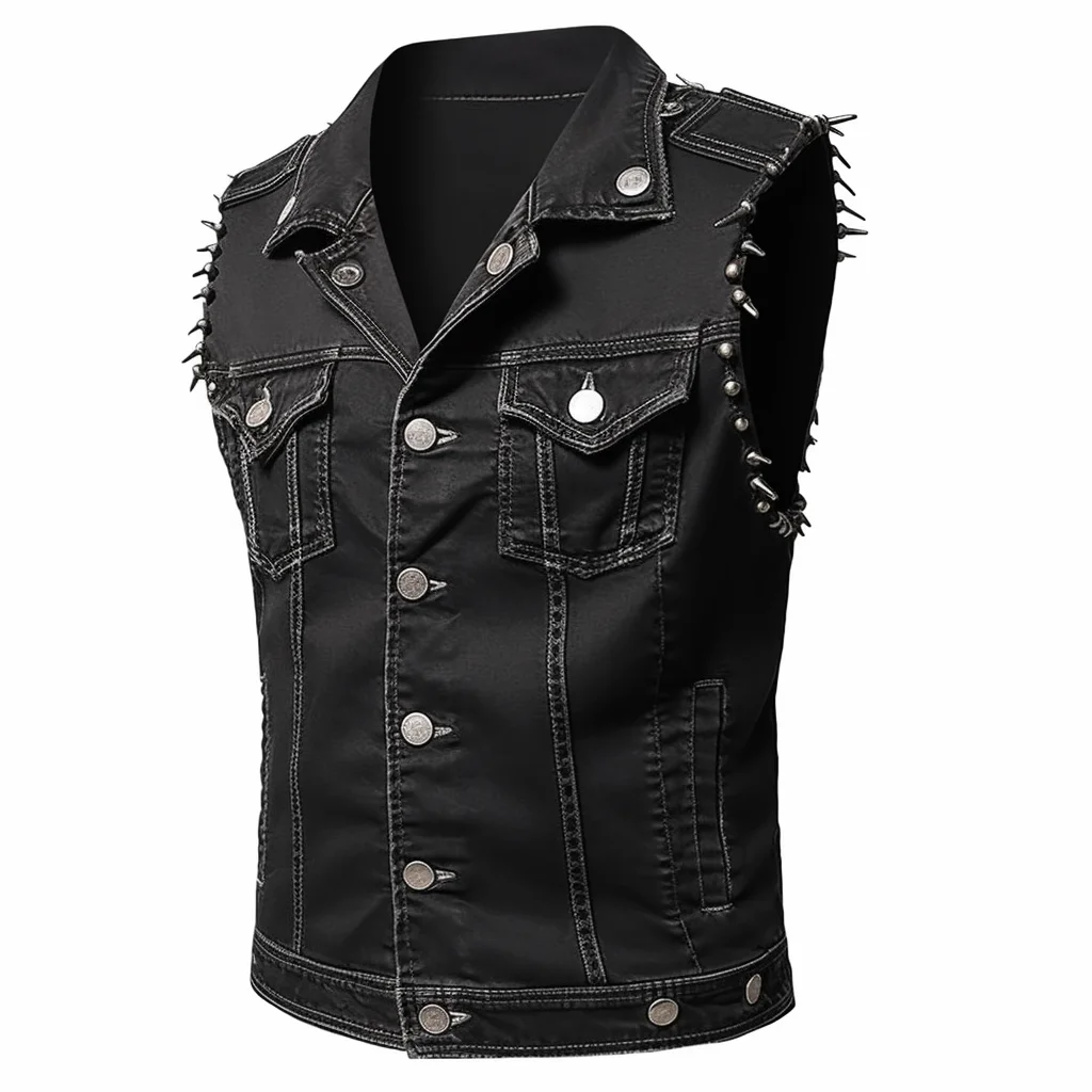 

Men's Vintage Punk Denim Vest Sleeveless Jean Jackets with Rivets