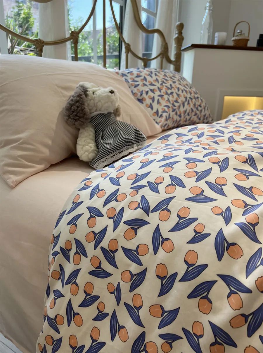 

Vintage flower tulips bedding set girl,kawaii retro cotton twin full queen king home textile flat sheet pillow case quilt cover