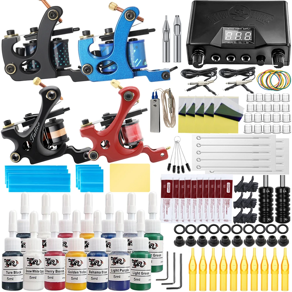 

Tattoo Kits Coil Tattoo Machine Set Complete Beginner Tattoo Machine Kit with Power Supply Foot Pedal Needles ink For Tattoo