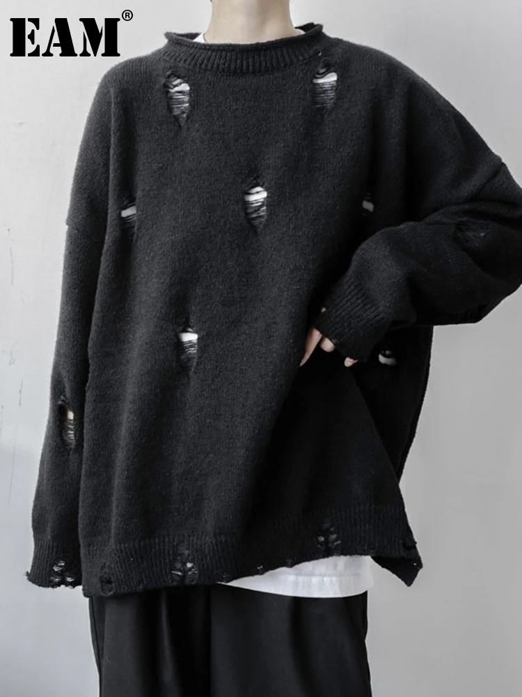 

[EAM] Gray Holes Big Size Knitting Sweater Round Neck Long Sleeve Women Pullovers New Fashion Tide Autumn Winter 2023 1DF0836
