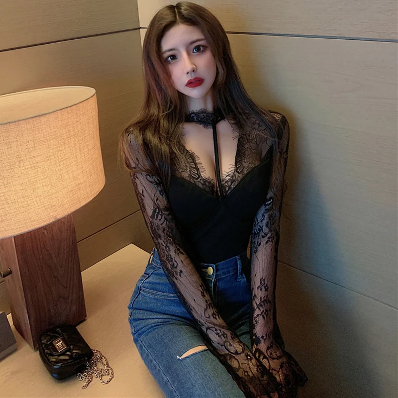 

Slim Sexy Hollow Out Black Lace Blouse Women Blusas Mujer Autumn Patchwork Crop Tops Long Sleeve White Elegant Retro Shirts