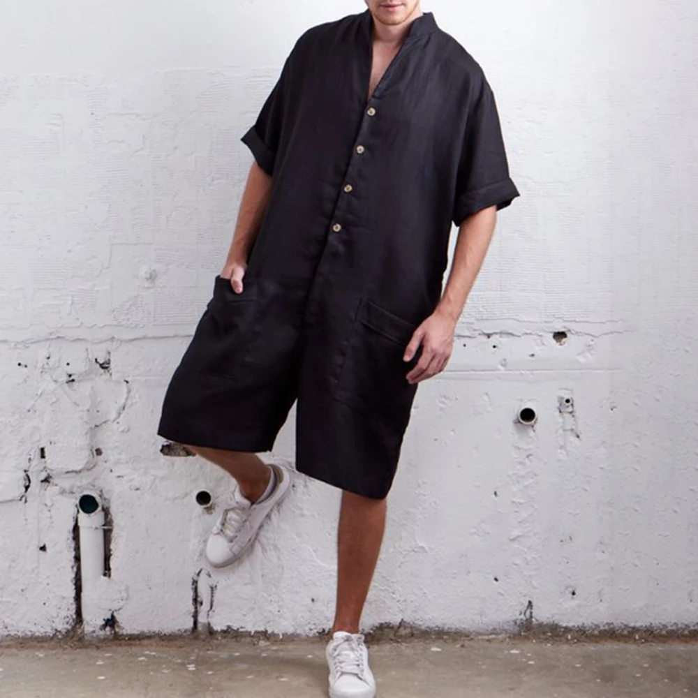 Rompers Men's Short Sleeve T-Shirt Solid Men Stand Collar Single-Breasted Hip-hop Shorts Jumpsuit Casual Loose LGBT Bodysuit