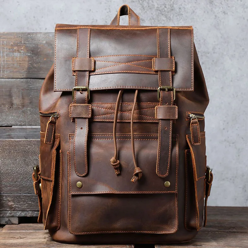 

Genuine Leather Men's Backpack Large Capacity Vintage Paratroopers Package Crazy Horse Cowhide Travel Bags Retro Style