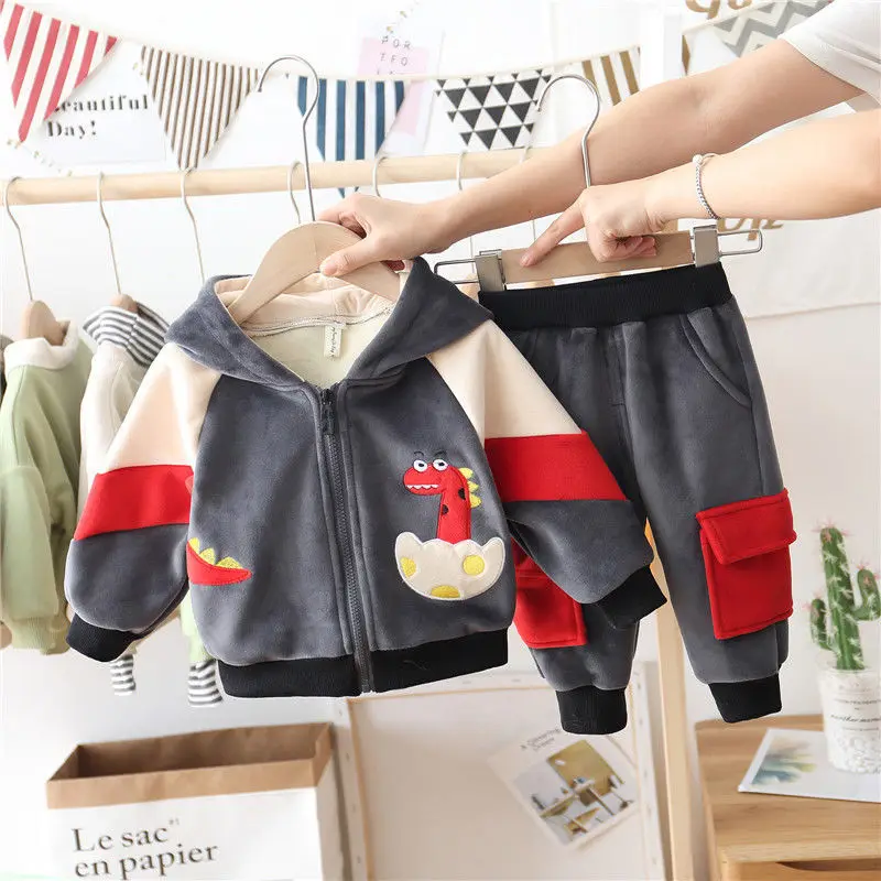 

Autumn Children Boys Clothing Set Baby Plus Velvet Cartoon Dinosaur Hooded Jacket Coats Pants Kids Tracksuit Baby Boy Clothes
