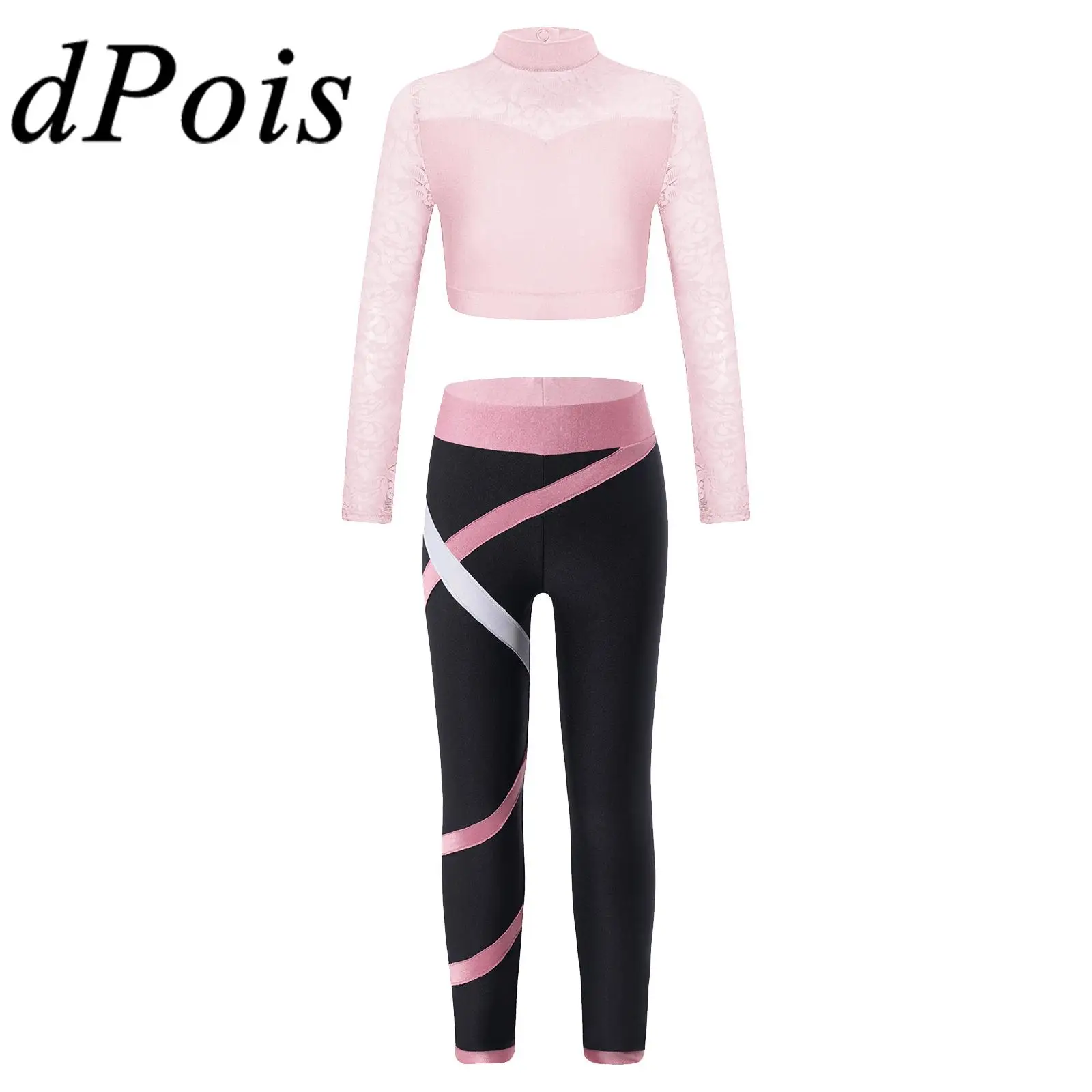 

Children Ballet Dance Outfit Kids Gym Suits Girls Floral Lace Long Sleeve Crop Top with Leggings Sets for Gymnastics Leotard