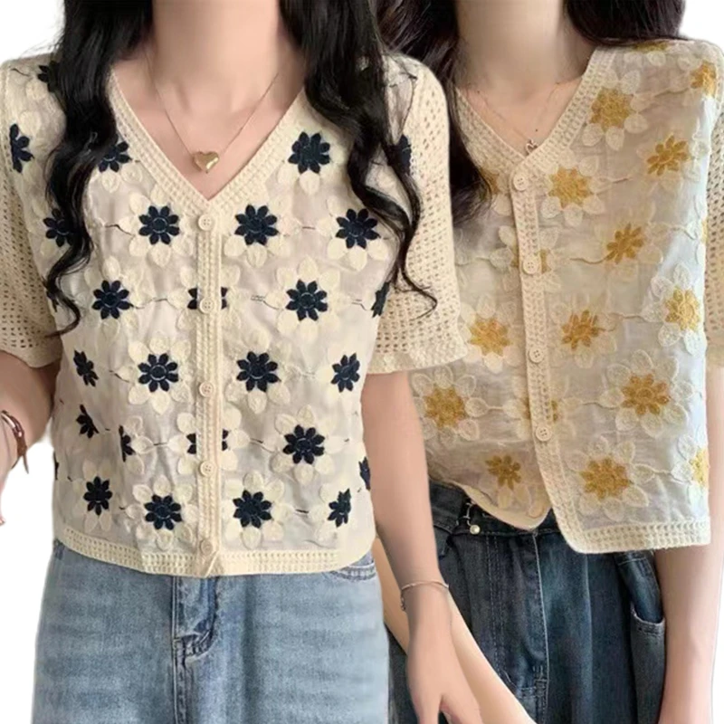 

Knitted Crop Cardigan Women Korean Short Sleeve Blouse Button Up Cardigan