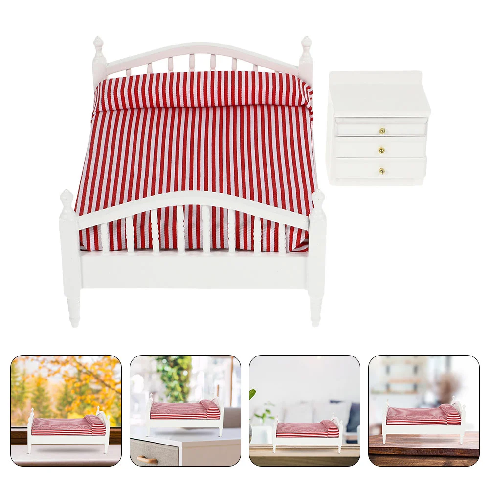 

Kids Mini Toys Dollhouse Double Bed Miniature Bedside Table Model Decorative Nightstand Furniture Ornaments Child