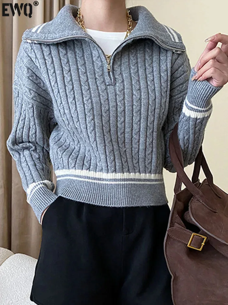 

[EWQ] Lapel Zipper Collar Long Sleeve Contrast Color Twist Knitted Pullover Sweater Woman's Clothing 2023 Autumn Winter 16U5810