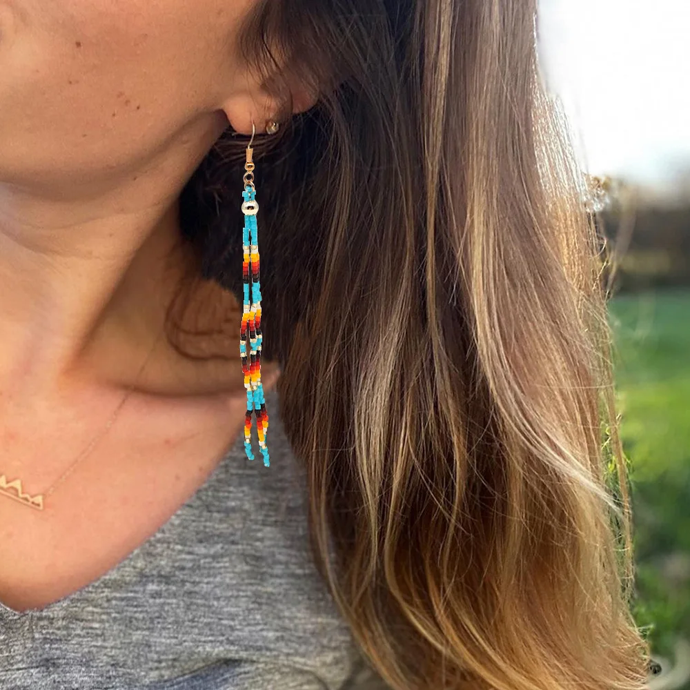 

Vintage Woven Hand-beaded South American Ethnic Style Miyuki Rice Beads Woven Long Tassel Earrings for Women