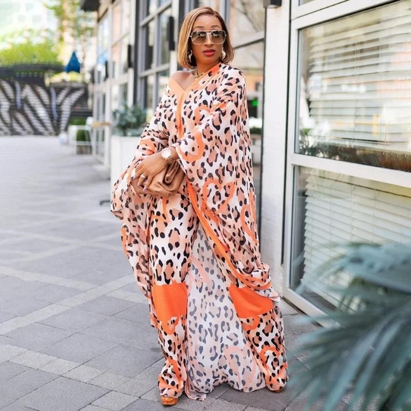 Plus Size Women Two Piece Set New African Dashiki Print Dresses Tops And Pants Suit 2021 Chiffon Robe Outfit Hippie Clothes