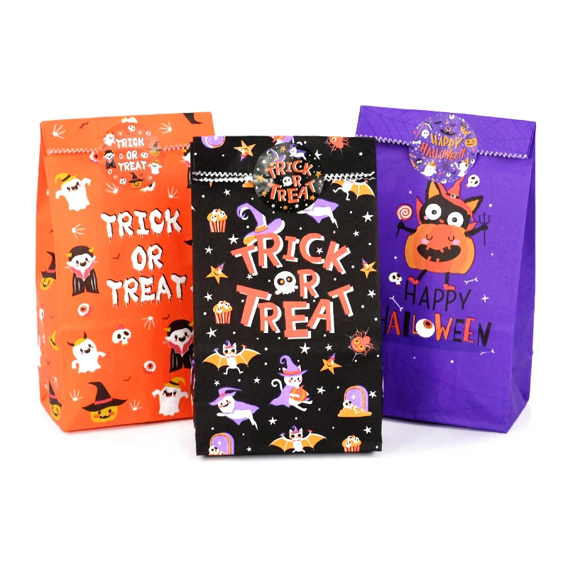 

12pcs Halloween Kraft Paper Bags Trick or Treat Candy Snack Goodie Packing Bag Stickers for Halloween Kids Gift Packing Supplies