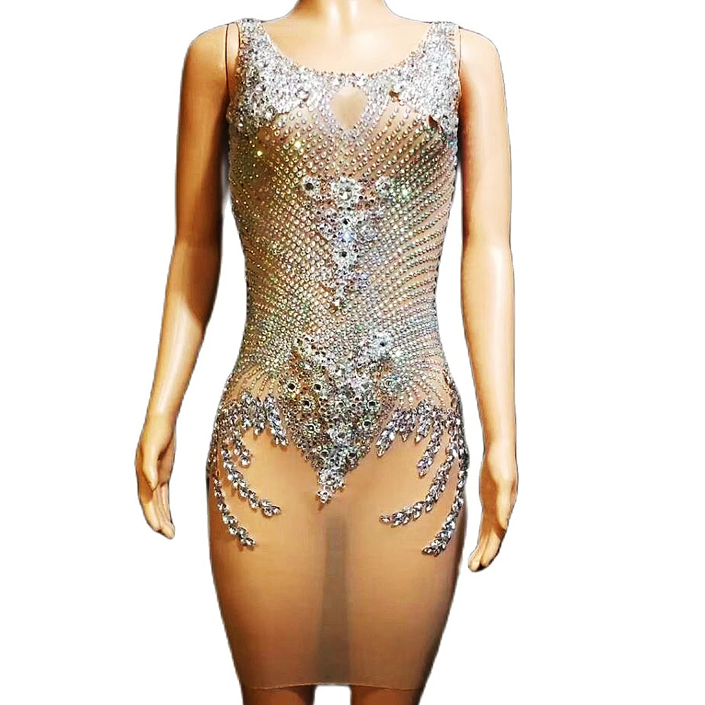 

Sparkling Rhinestones Perspective Mesh Gauze Mini Dress Sexy Nightclub Performance Stage Wear Women Party Evening Costume