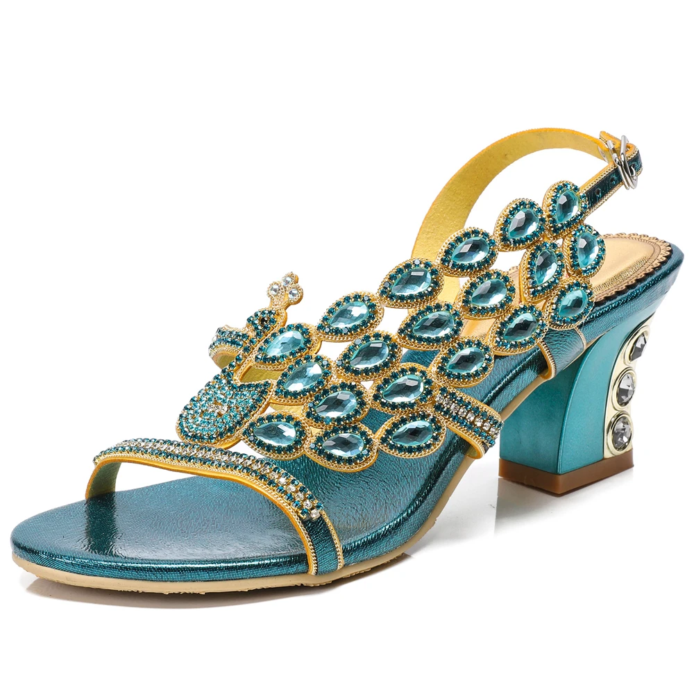 Big Size Genuine Leather Women Summer Rhinestone Square High Heels Ladies Wedding Party Shoes Sexy Crystal Green Sandals X0006