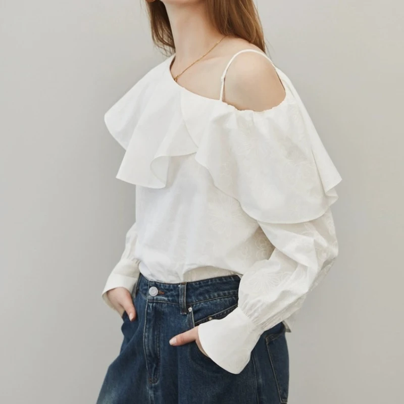 Милая белая рубашка с оборками для женщин Новинка осени 2024 шифоновая блузка