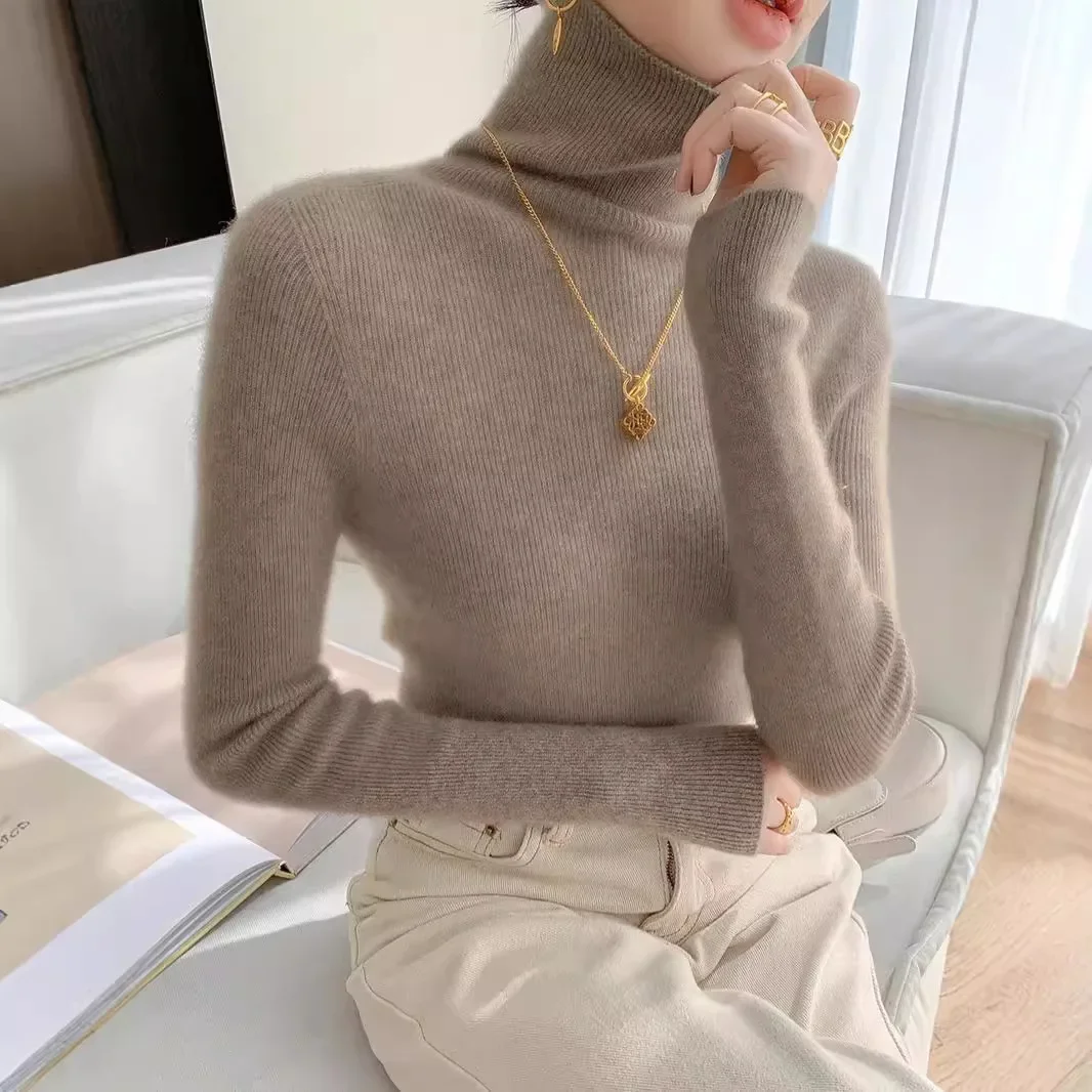 Женский свитер из 100% шерсти утягивающий внутренний топ-поло с высоким воротником