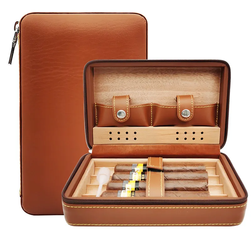 Caja de viaje para cigarros, humidificador de 4 piezas, organizador sin cortador, encendedor de cuero, cortador de madera de cedro, accesorios para fumar, almacenamiento