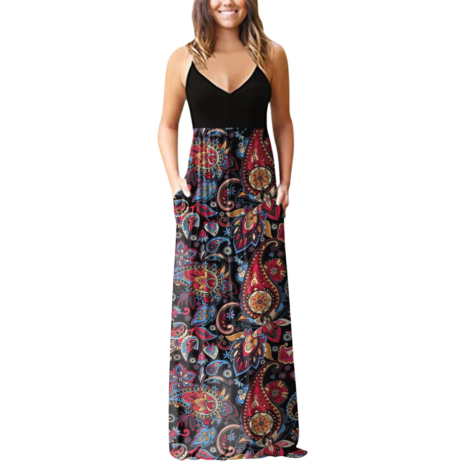 

Women's Sleeveless Pocket Casual Floral Printing Beach Long Maxi Loose Dress Black Tie Maternity Dress