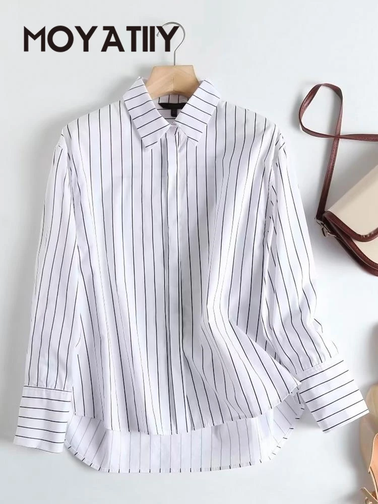 

MOYATIIY Women 2022 Fashion Cotton Shirt Retro Striped Long Sleeve Blouse Shirts Female Casual Loose Chic White Tops