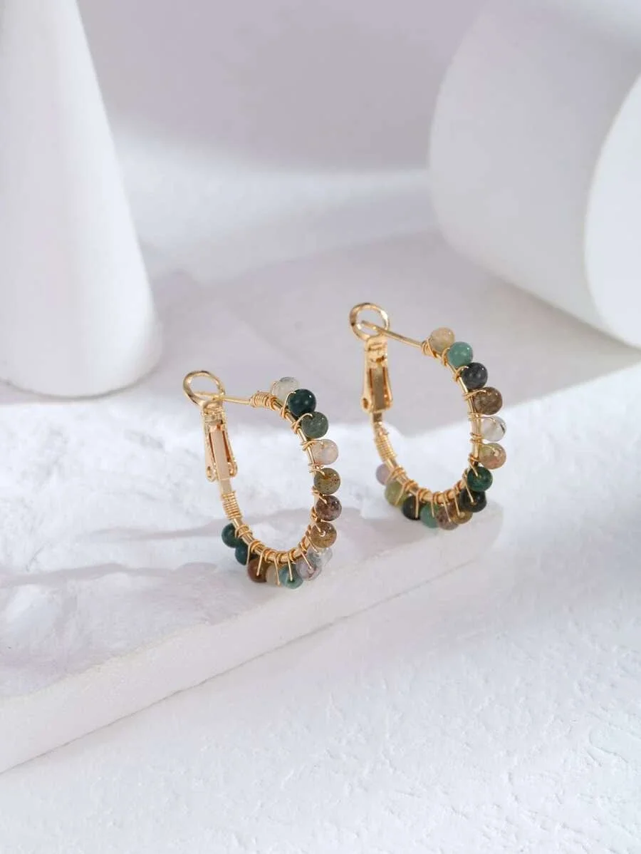 

18K Gold Plated Bead Decor Hoop Earrings for Women