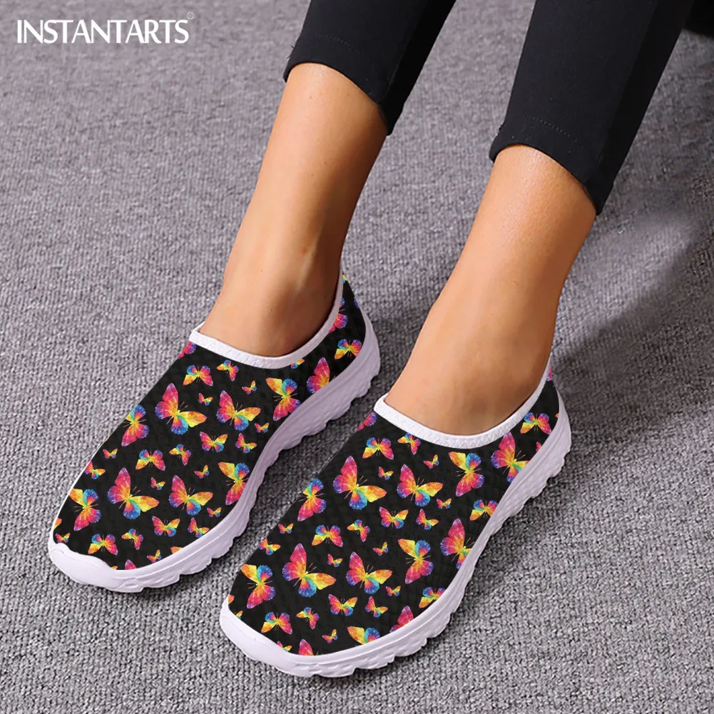 Summer Breathable Mesh Shoes for Girls Butterflies Black White Women's Print Slip-on Flats Round Toe Outdoor Loafers Tennis Hot