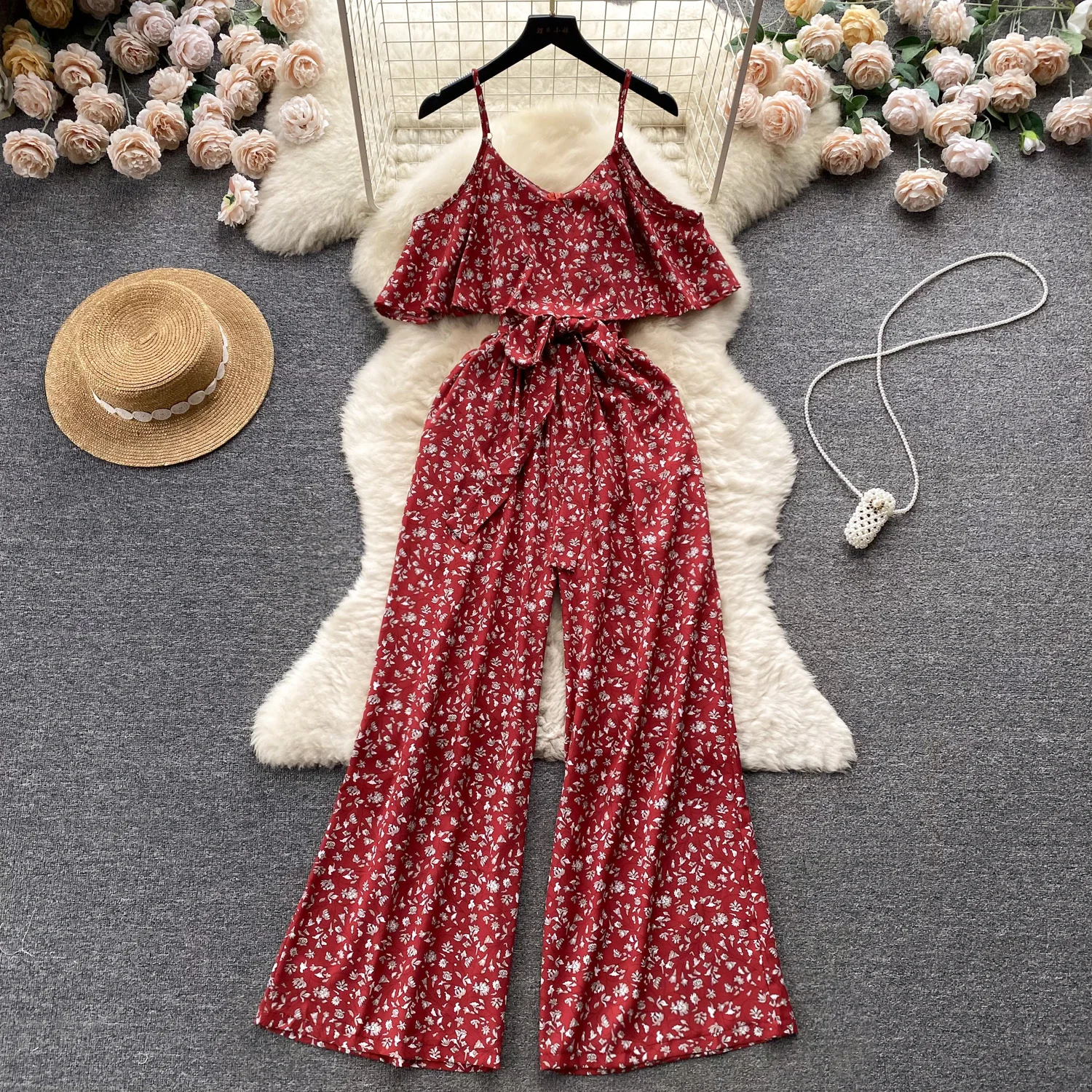 

Chic Short Sleeve Print Slip Jumpsuit Vintage Slash Neck High Waist Romper Casual Wide Leg Pants Spring Summer Women Playsuit