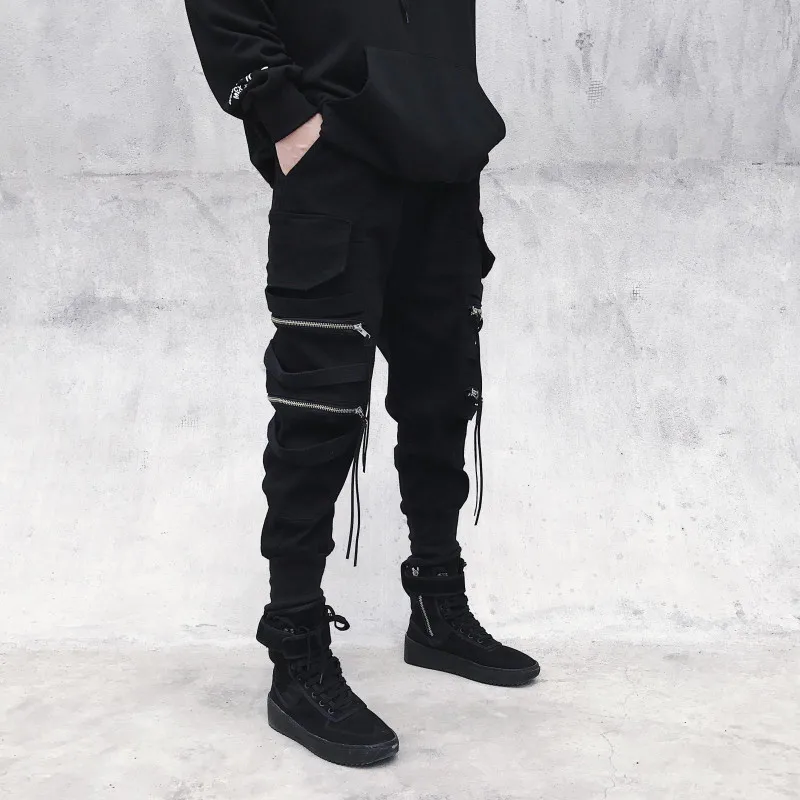 

Black Cargo Pants Punk Pants Punk Rave Joggers Men Jogging Techwear Autumn Korean Streetwear Hip Hop Zipper Ribbon