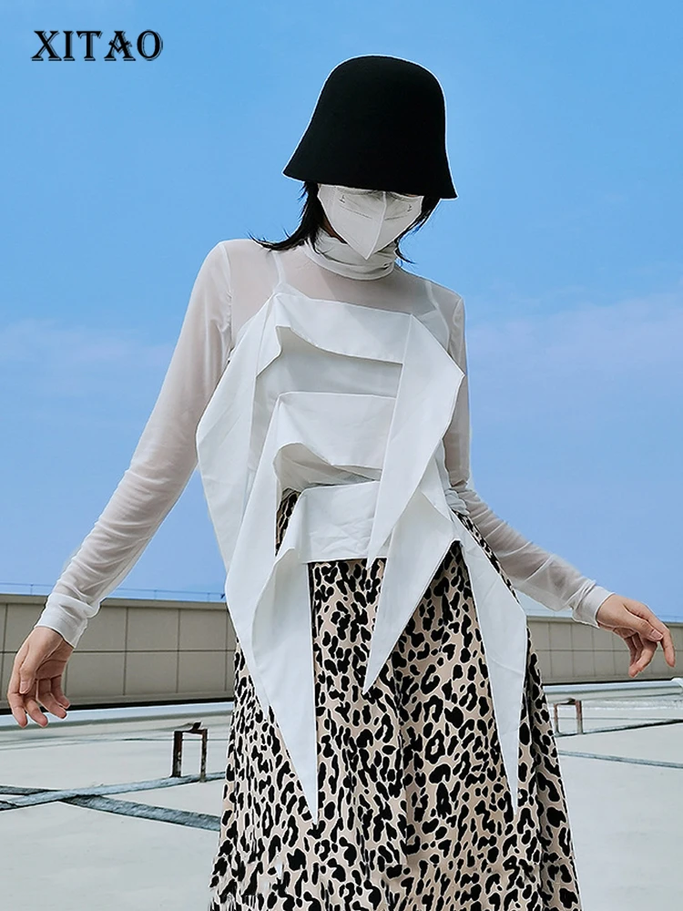 

XITAO Irregular Patchwork T-shirt Dress Fashion Solid Color Stand Collar Long Sleeve Chiffon Women Top Street Trendy New ZY6843